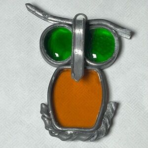 Vintage Artisan Glass Owl Suncatcher Green Amber Silver Rustic Metal Leaded